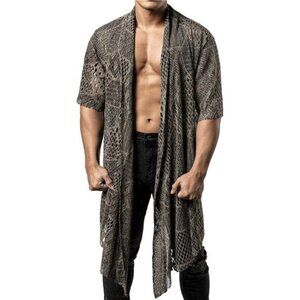 Mens Mesh Cardigan See Through Open Front Ruffle Shawl Collar Lightweight Top